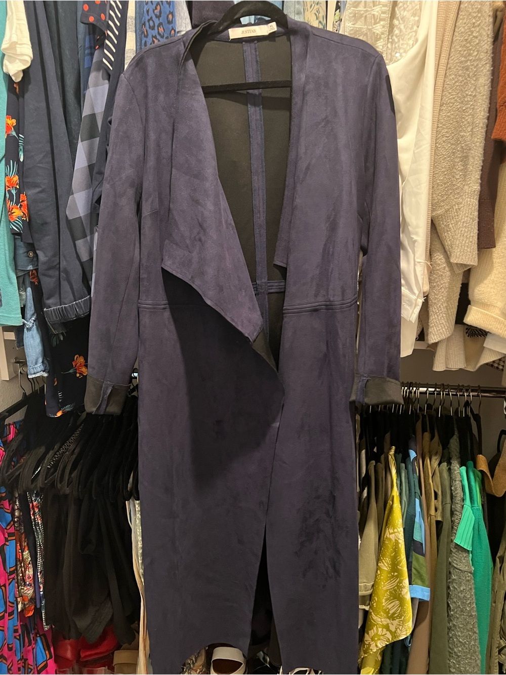 JustFab Navy Suede Open-Front Trench Coat
